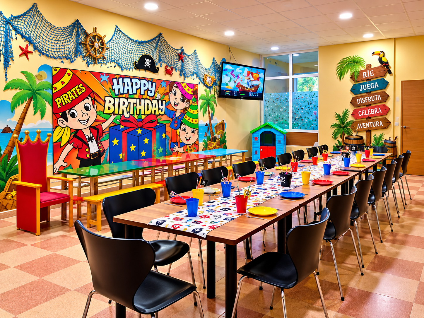 Comedor amplio con mesas y sillas para celebraciones en La Pinta