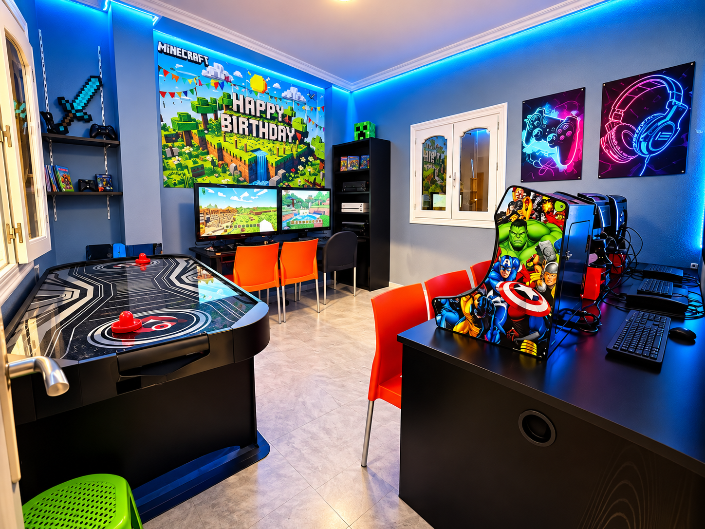 Sala temática gaming Minecraft para cumpleaños infantiles en Piratines